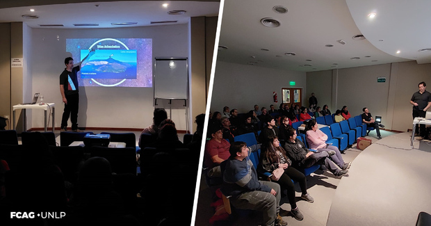 En las imágenes se observa al Dr. Guillermo Bosch en una sala del Centro Astronómico Trelew, dando una charla y mostrando imágenes en una pantalla. Se observa público de diversas edades sentados y atentos a la charla.